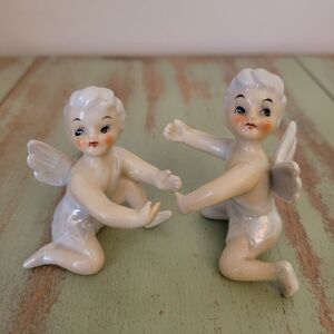 Vintage Japan Iridescent Fairy Pixie Figurines Candlehuggers • Pair